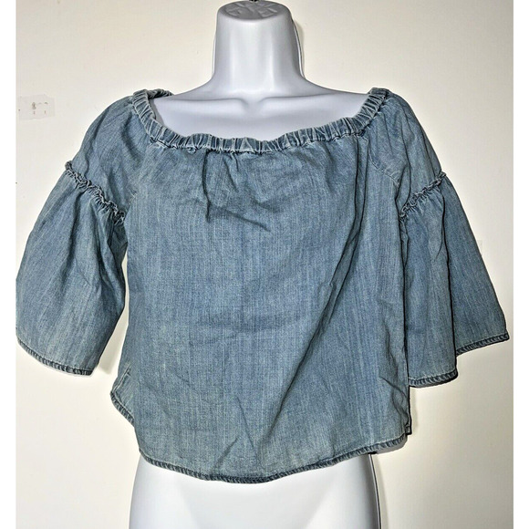 Madewell Crop Top Small Off The Shoulder Azalea Chambray Denim Boho Cottage Core - Picture 2 of 12